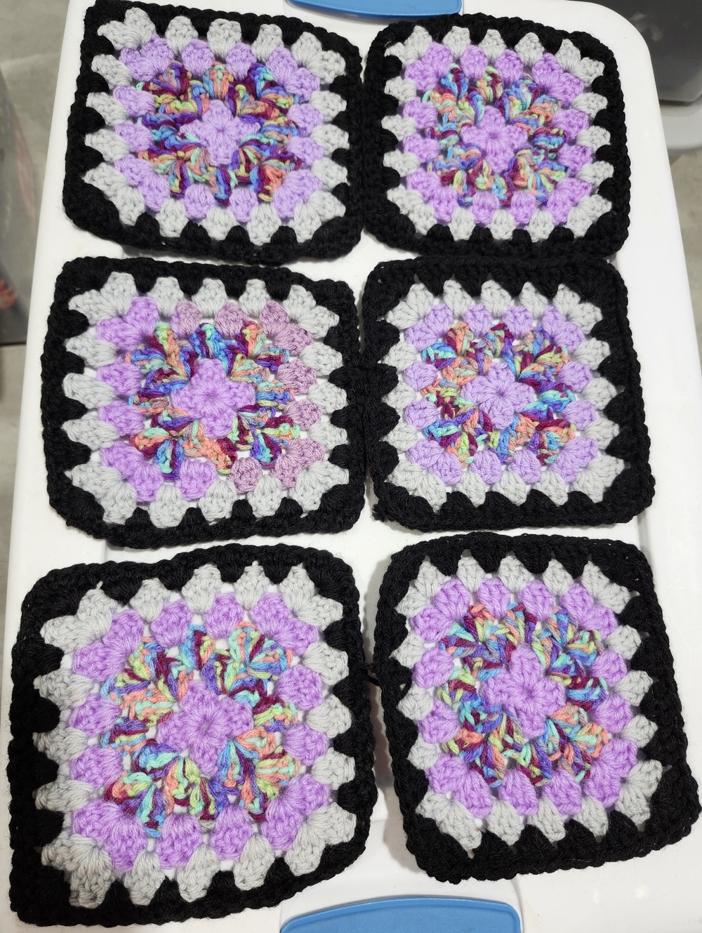 Handmade Crochet Granny Square Coasters - Black, Lavender & Multicolor #15